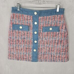House of Harlow 1960 Plaid Tweed Denim Trim Mini Skirt Red Blue Size 6 Barbie